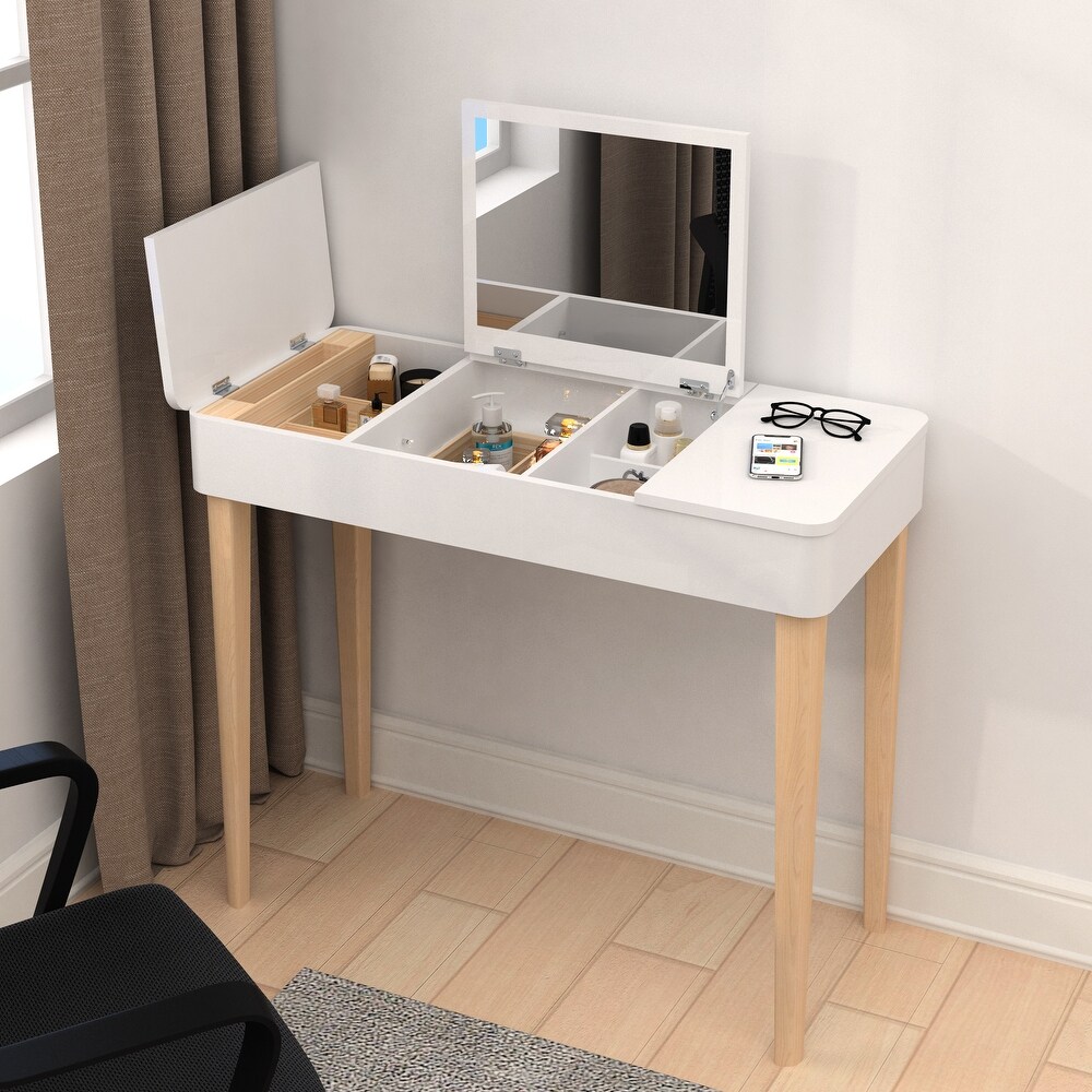 Vanity Table with Solid Wood Legs and Flip Up High Definition Mirror