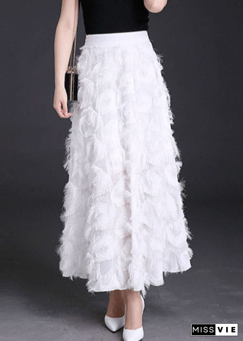 Natural White Tasseled Chiffon Skirts Spring