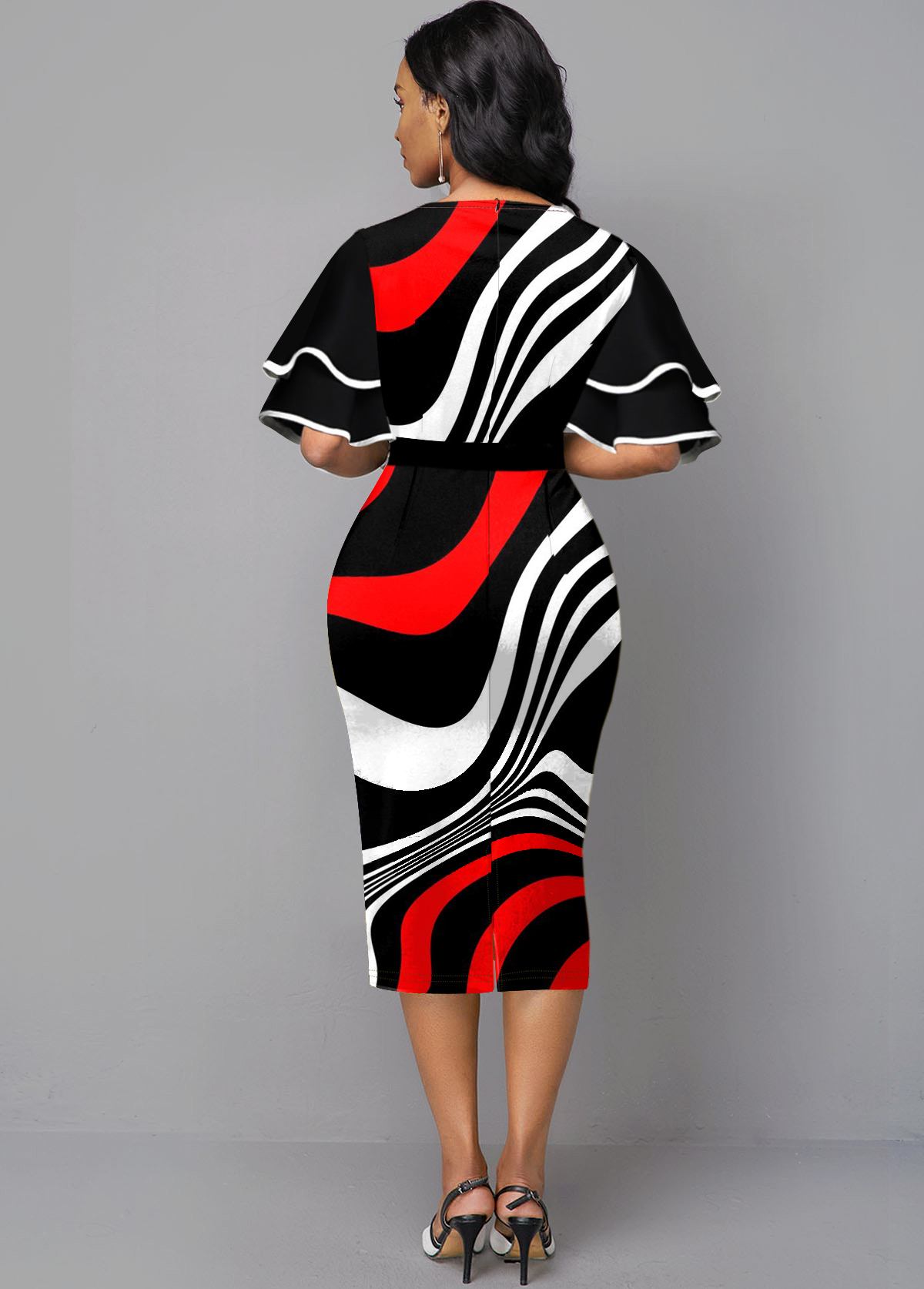 Round Neck Flare Sleeve Color Block Dress