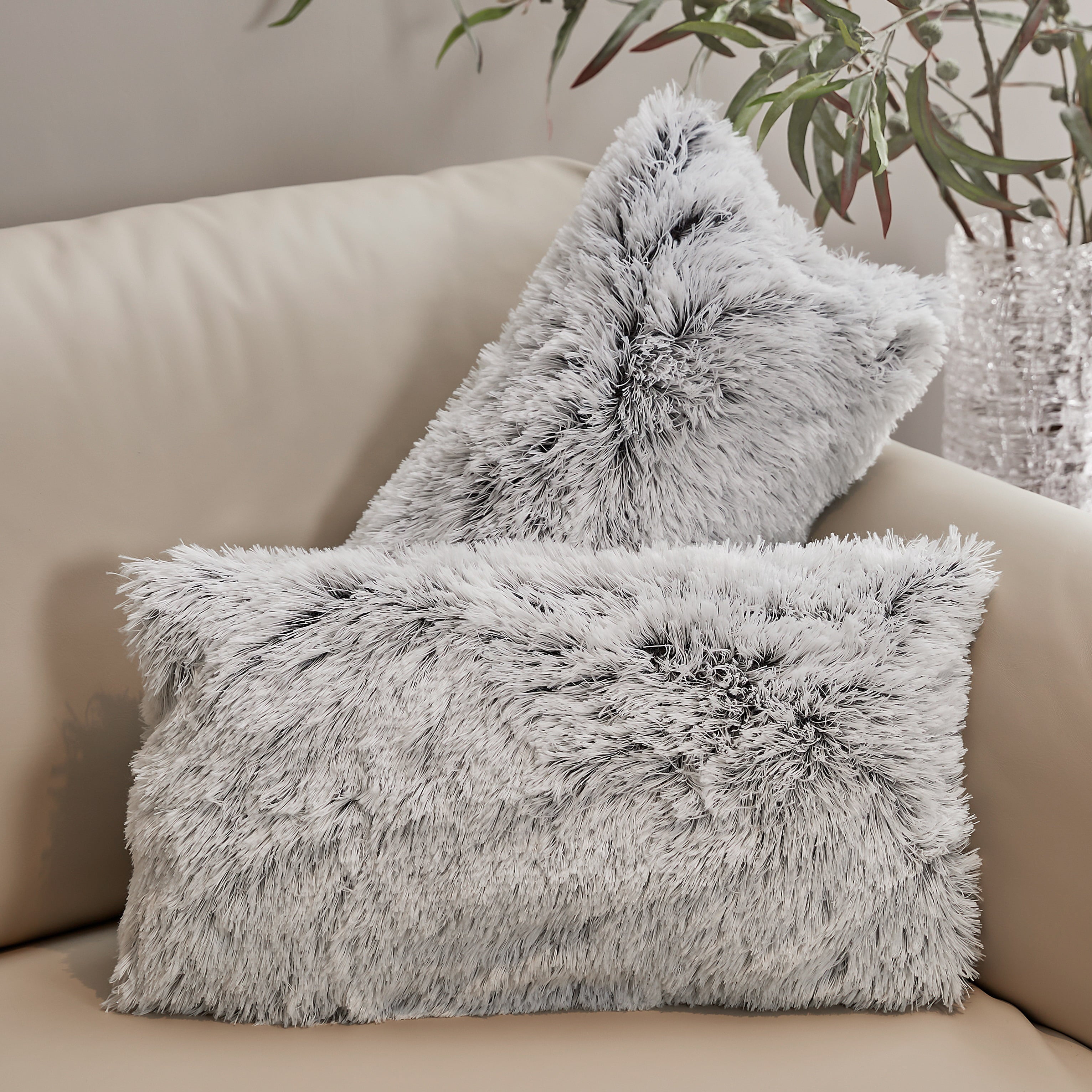 Cheer Collection Shaggy Long Hair Throw Pillows - Super Soft and Plush Faux Fur Lumbar Accent Pillows - 12 x 20 - Set of 2