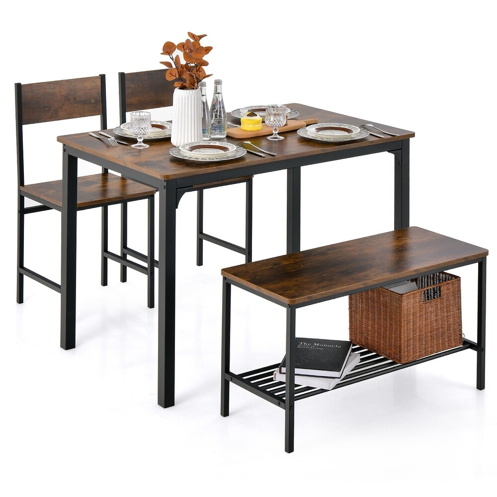 4 Pieces Rustic Dining Table Set with 2 Chairs and Bench   43\