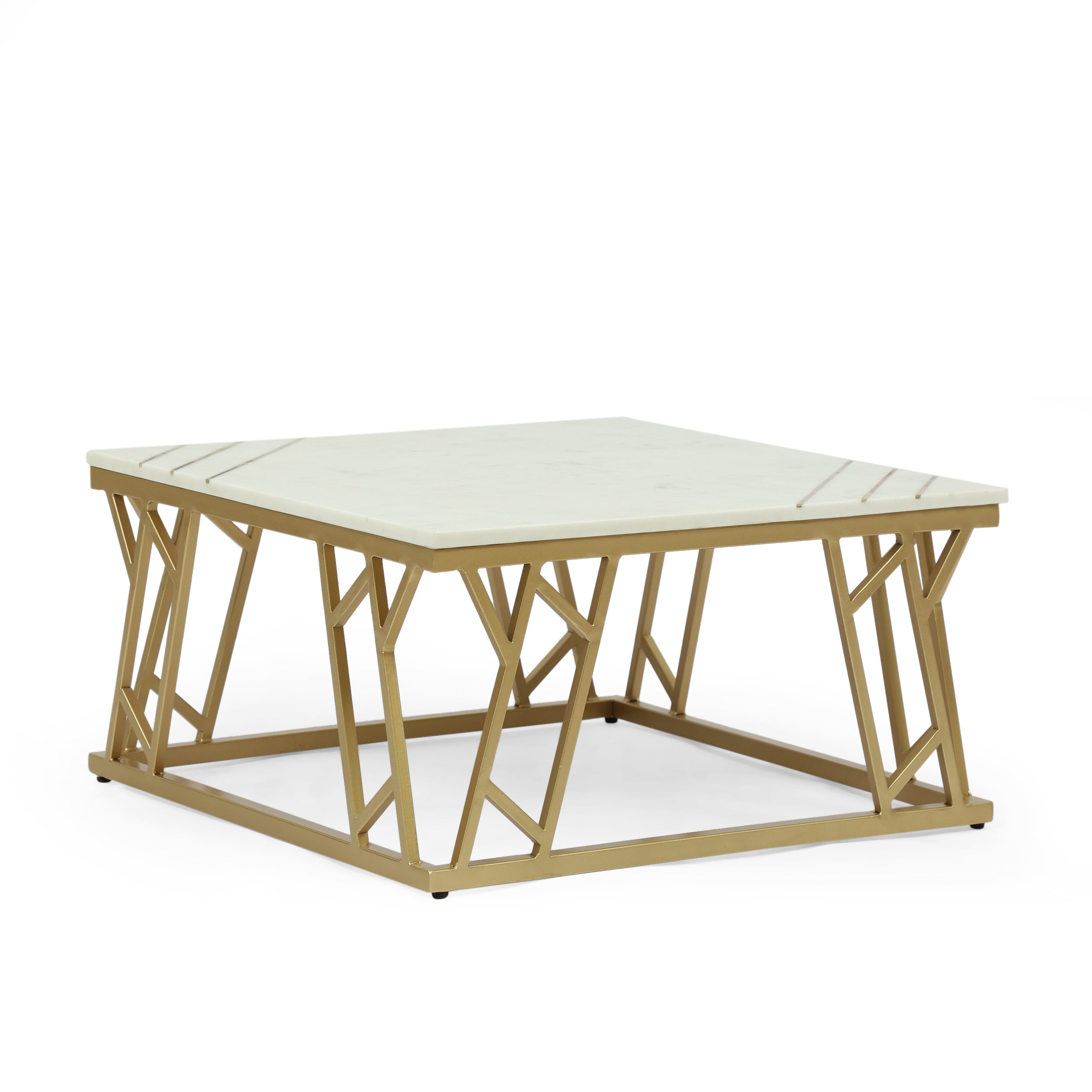 Wessor Modern Glam Handcrafted Marble Top Coffee Table with Brass Inlay, White and Gold