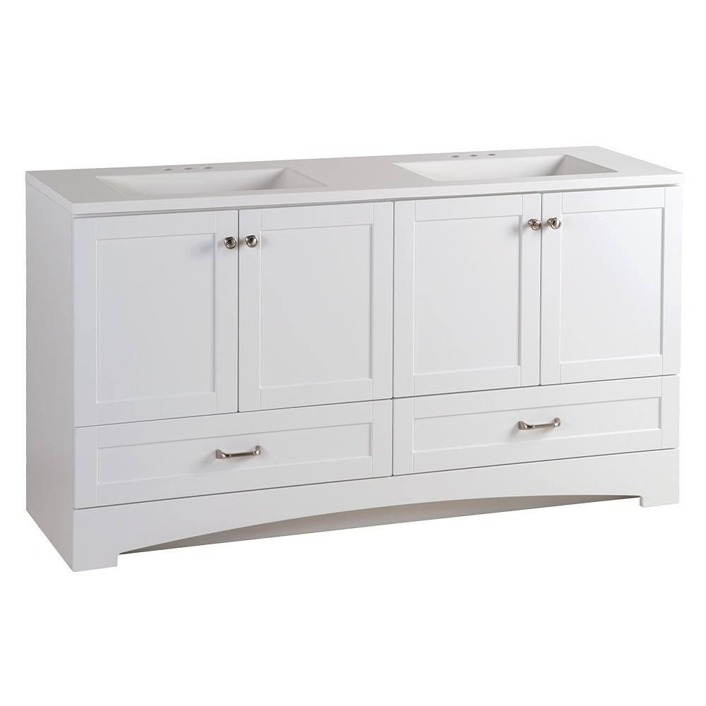 Glacier Bay Lancaster 60.2 in. W x 18.8 in. D x 33.1 in. H Freestanding Bath Vanity in White with White Cultured Marble Top LC60P2COM-WH