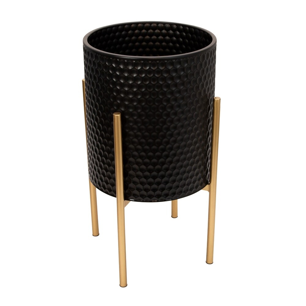 Set of 2 Honeycomb Planter Pots on Metal Stands  Indoor Outdoor  Black and Gold  14 L x 14 W x 23 H   14\