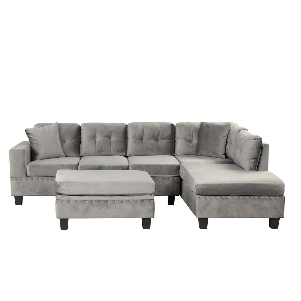 Modern Sectional Sofa with Storage Ottoman and Reversible Chaise L Shape Couch with Pillows and Cup Holder for Living Room  Gray