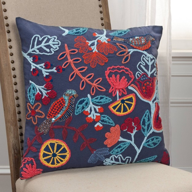 Oversize Poly Filled Floral With Bird Square Throw Pillow Dark Blue Rizzy Home