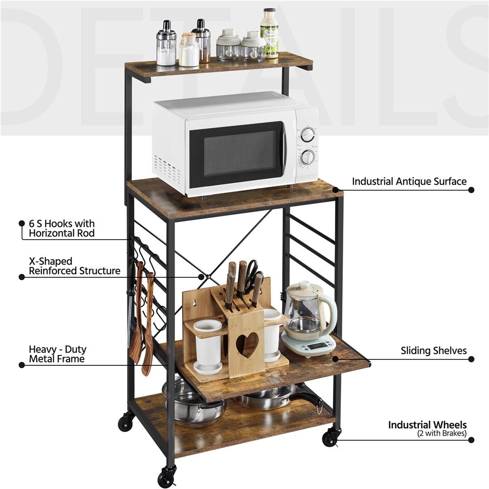 Easyfashion Kitchen Bakers Rack Microwave Stand Cart Coffee Bar Cabinet with Side Hooks， Rustic Brown