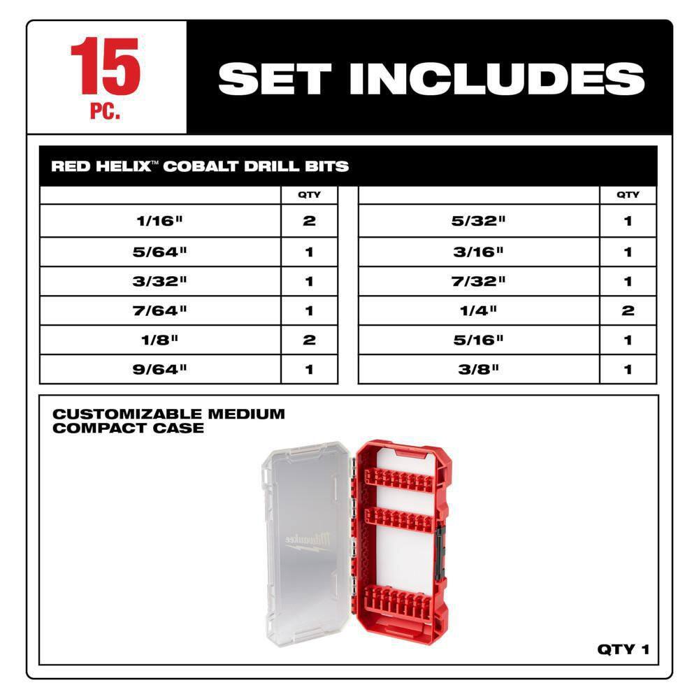 MW Cobalt Red Helix Drill Bit Set for Drill Drivers (15-Piece) 48-89-2370