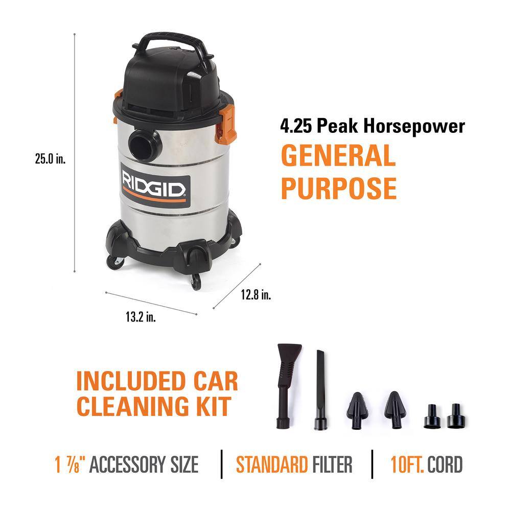 RIDGID 6 Gal. 4.25-Peak HP Stainless Steel WetDry Shop Vacuum with Filter Hose Accessories and Car Cleaning Attachment Kit WD6425B