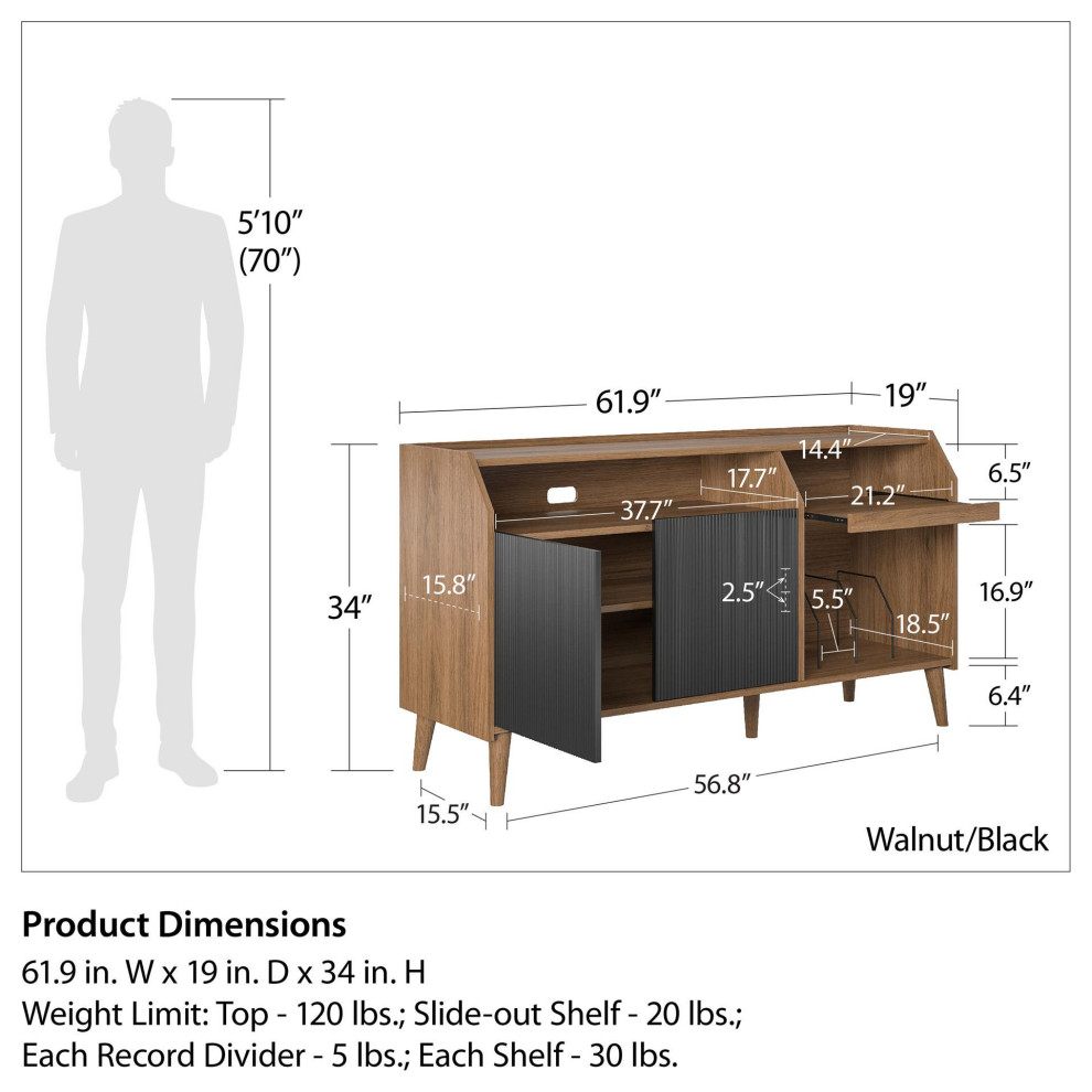 Mid Century Modern TV Stand  Multiple Open Shelves  Fluted Doors  Walnut/Black   Midcentury   Entertainment Centers And Tv Stands   by Declusia  Houzz