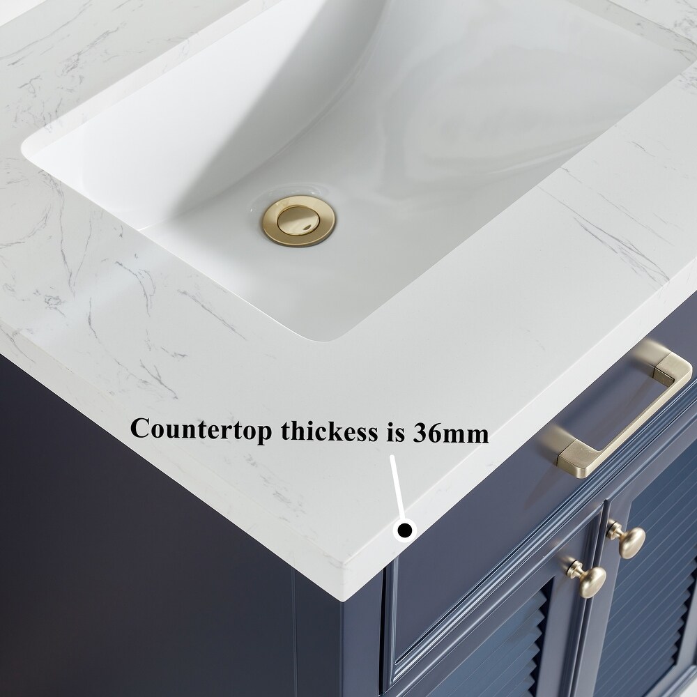 Barcelona 30 inch wood double sink vanity with marble and ceramic sink in Blue