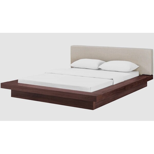 Halper Modern Queen Size Walnut Wooden Bed with Beige Fabric Upholstered Headboard and Two Nightstands - - 35892794