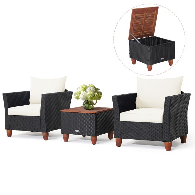 Costway 3pcs Patio Rattan Furniture Set Cushioned Sofa Storage Table With Wood Top White black grey navy red turquoise