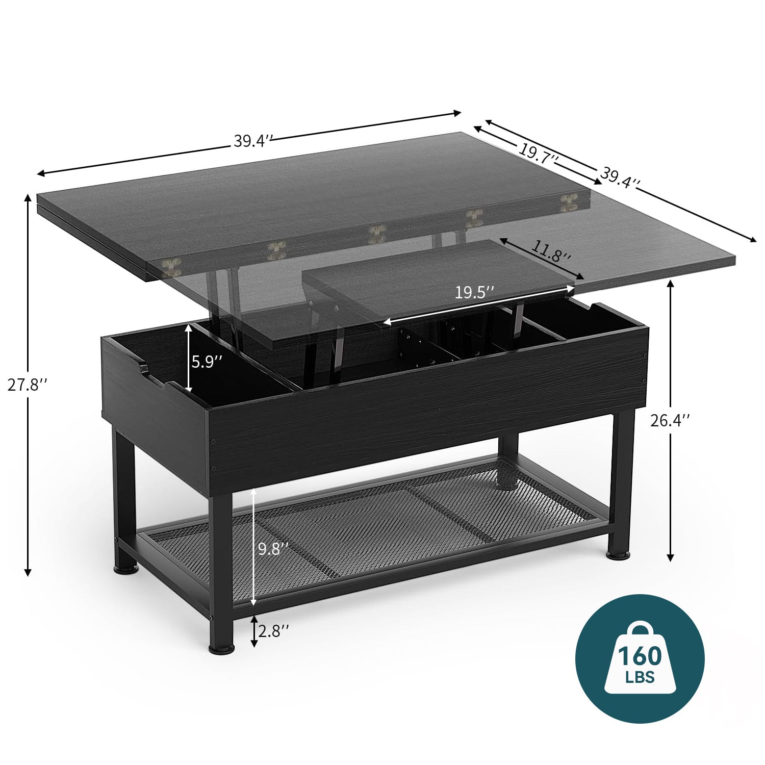 Coffee Table with Lifting Top Modern Lift Dining Table with 4 Storage Spaces