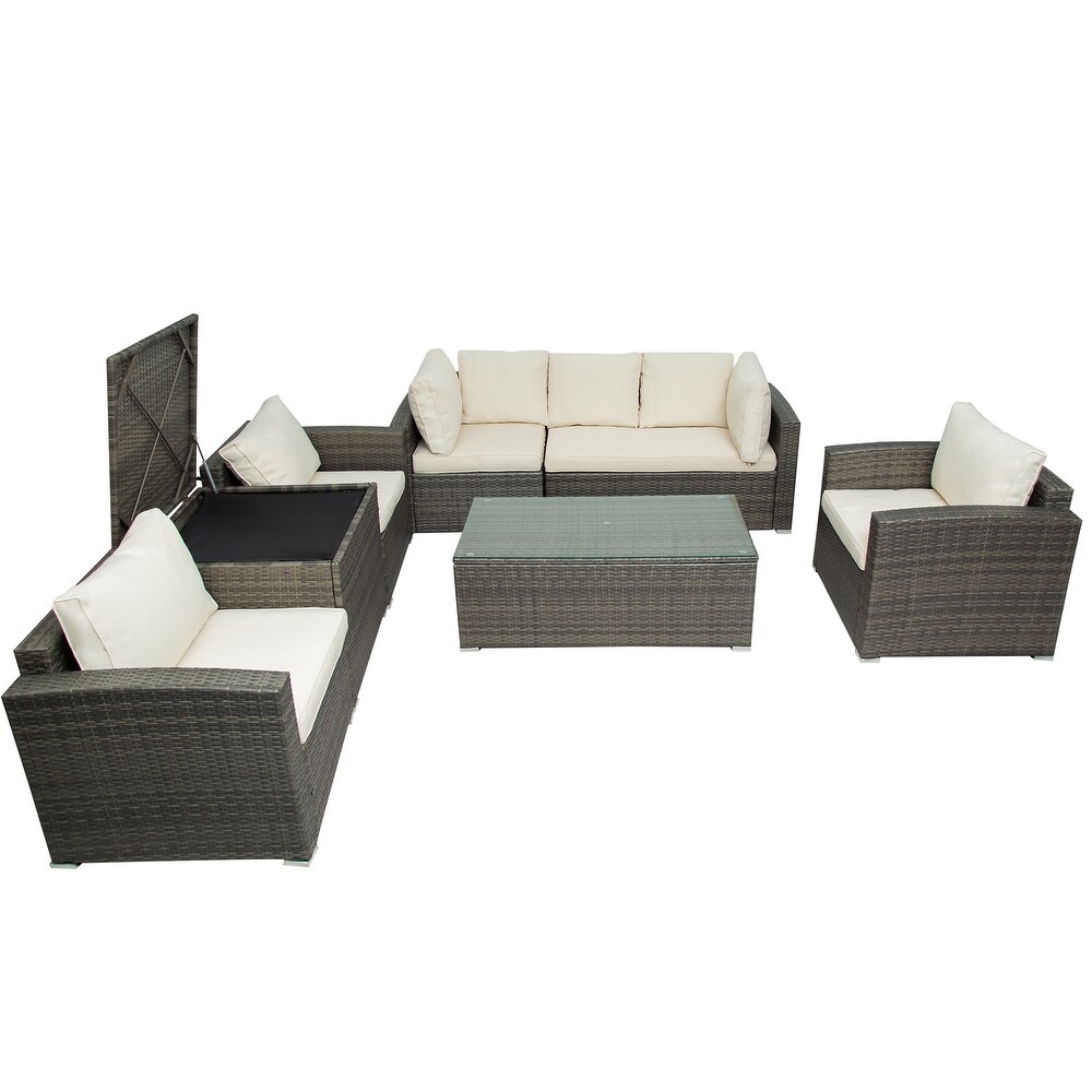 7 Piece PE Rattan Sofa Set with Glass Table and Storage