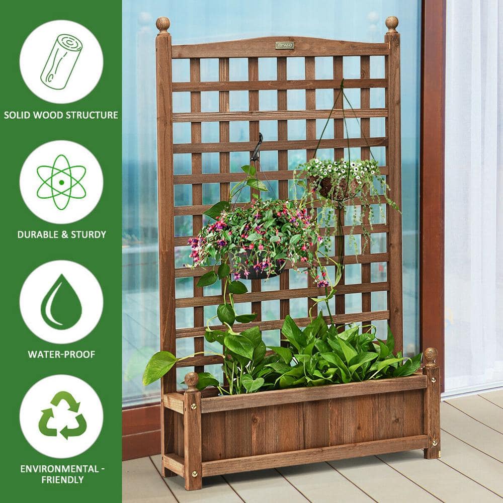 FORCLOVER Large 25 in. L Brown Firwood Planter Box with Trellis for Garden CTW-GT3564