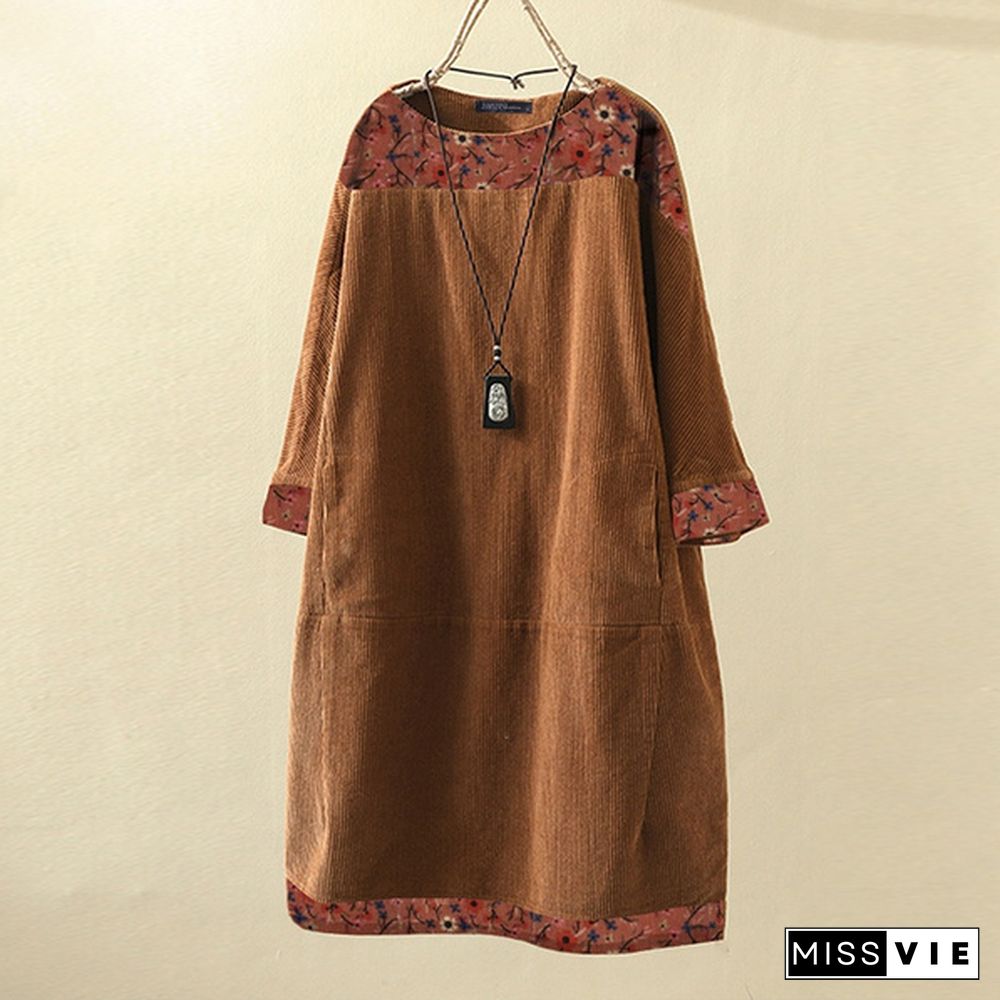 Women Autumn Pure Color Plus Long Tops Casual Vintage Corduroy Midi Dress