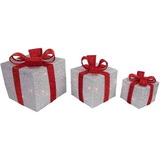 9 in. Christmas Outdoor Decorations Silver Tinsel Gift Boxes with Red Bows Lighted (3-Pack) 31458001