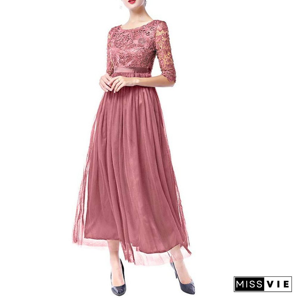 Women's Vintage Floral Lace 3/4 Sleeves Floor Length Retro Evening Cocktail Formal Bridesmaid Gown Long Maxi Dress