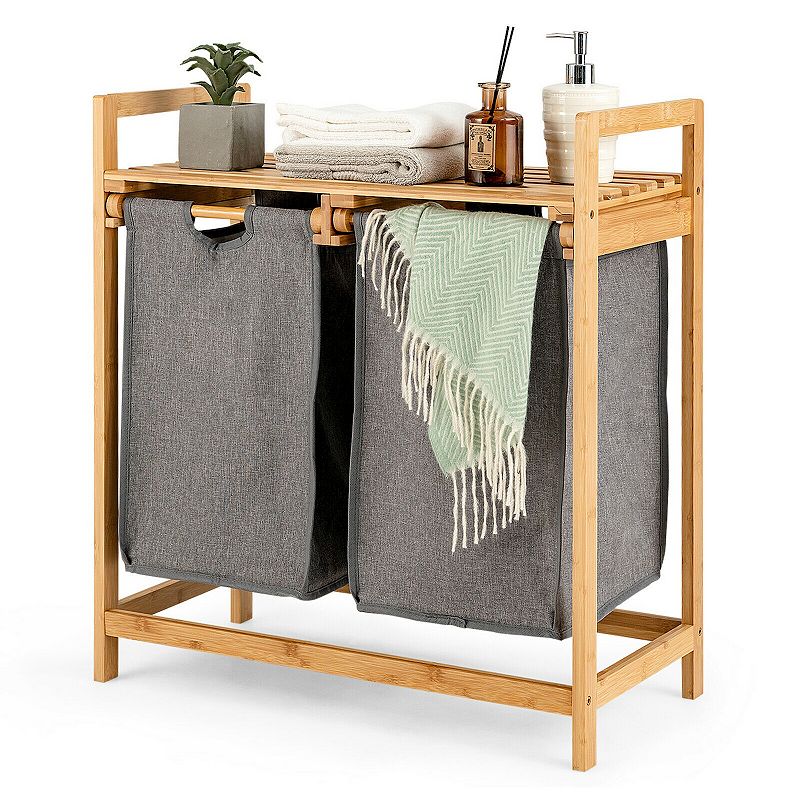 Wicker Laundry Hamper with Dual Compartments Laundry Sorter and Sliding Bags-Natural