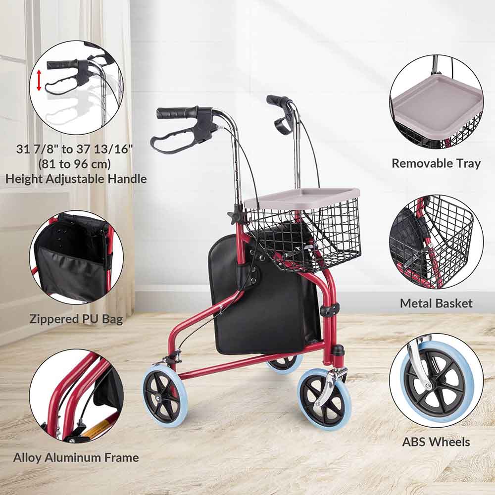 Yescom 3 Wheels Aluminum Rollator Walker w/ Brakes Basket & Bag