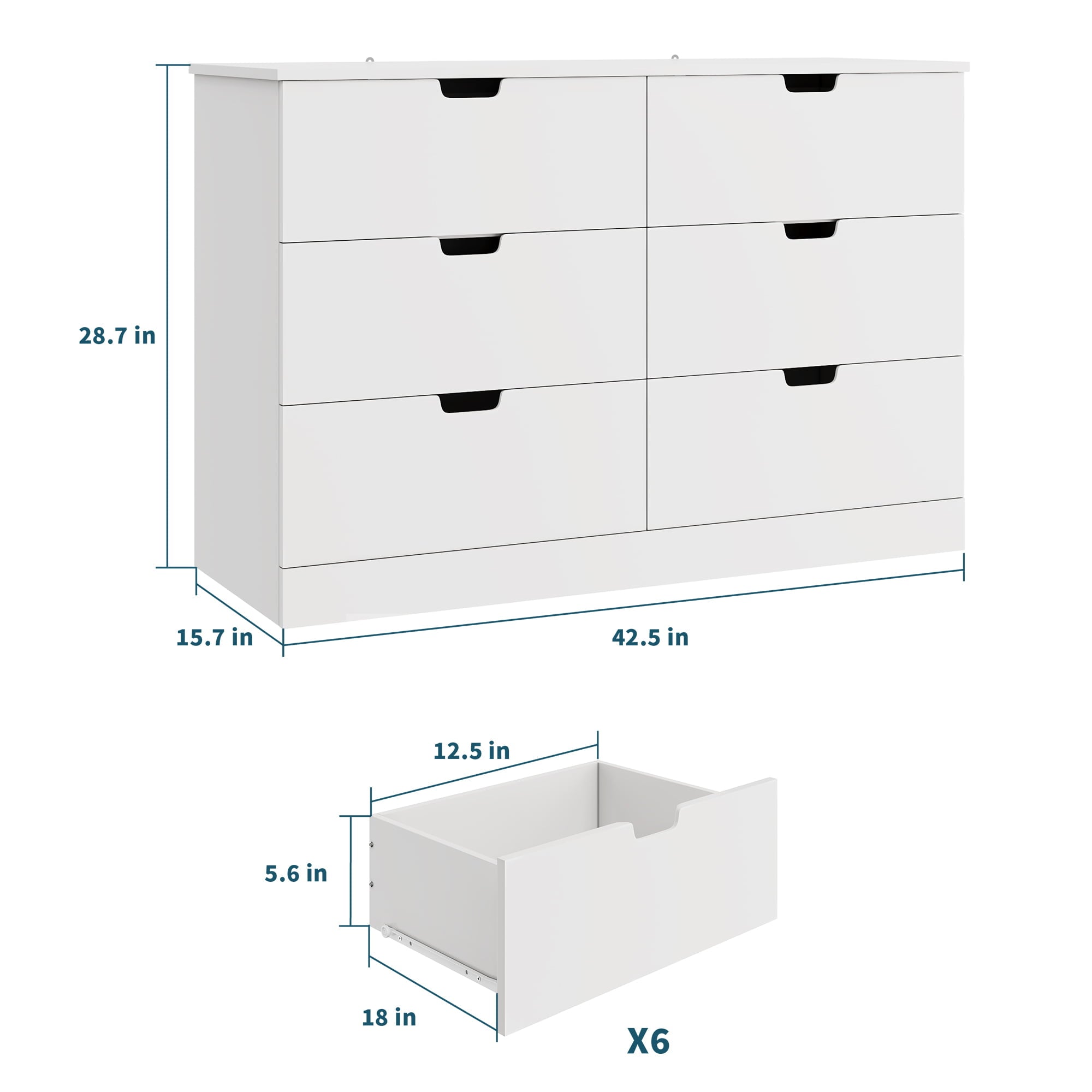 Homfa 6 Drawer Dresser for Bedroom, Modern White Chest, Wood Storage Cabinet for Living Room