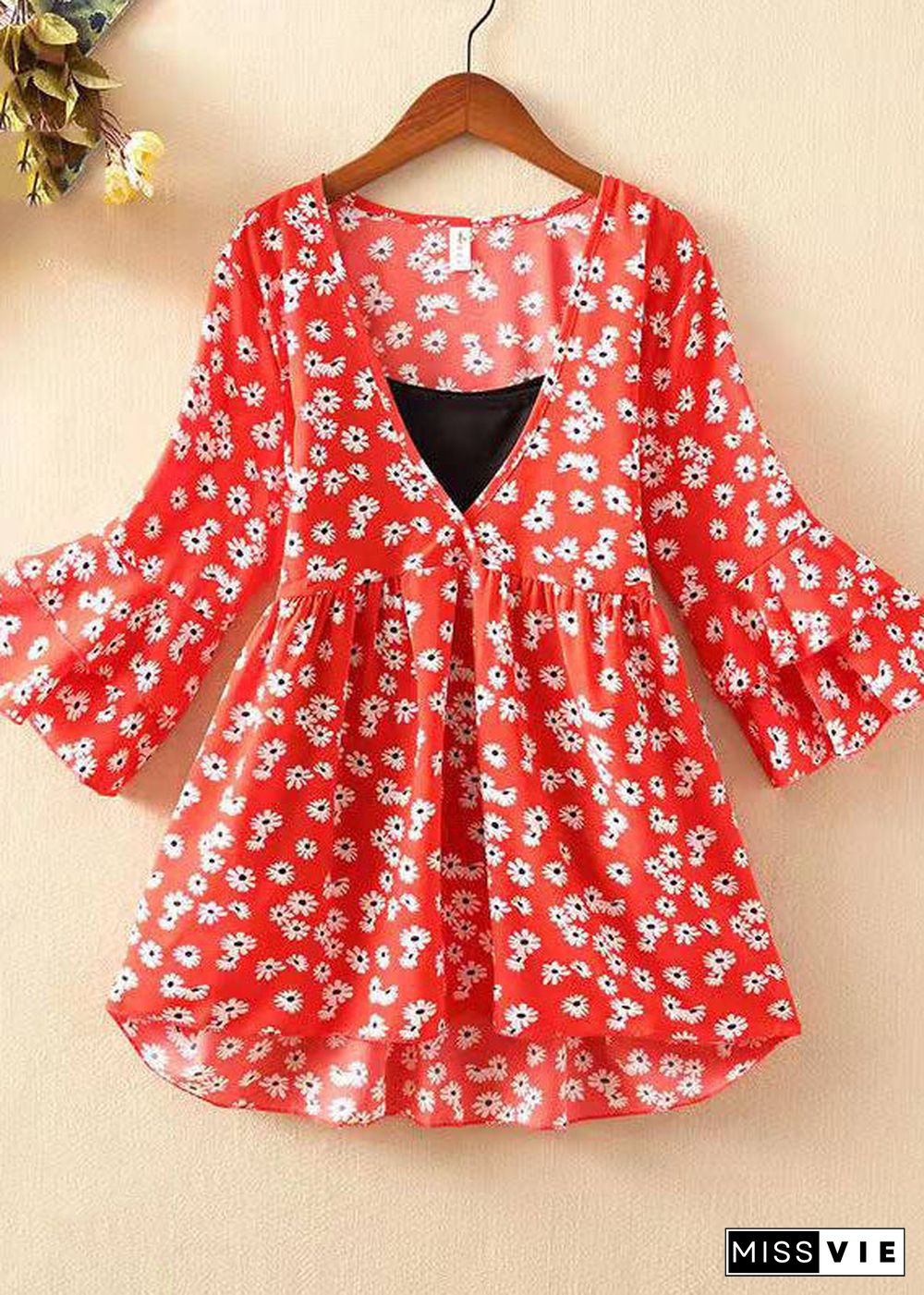 Unique Red V Neck Floral Chiffon Shirt Tops flare sleeve