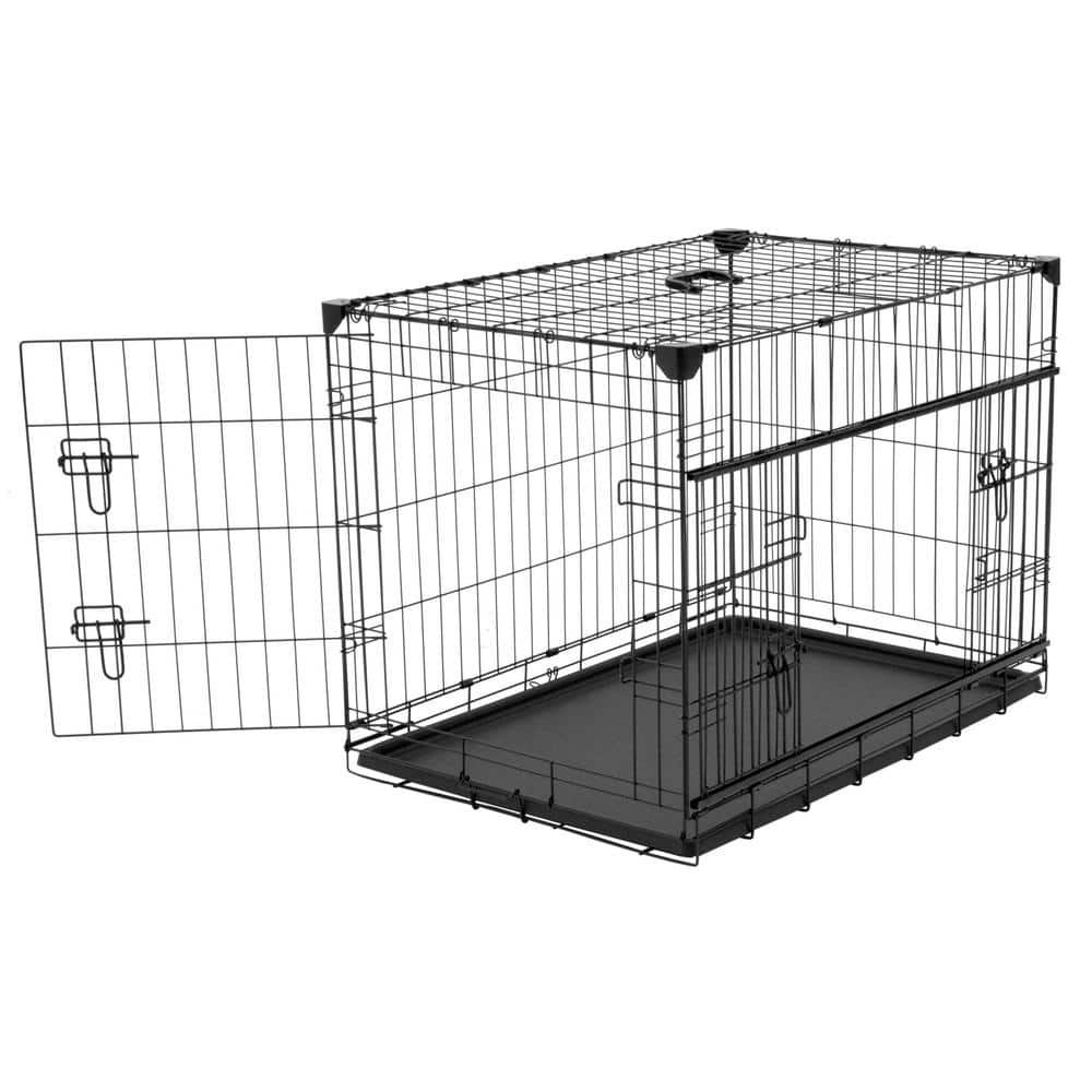 Lucky Dog 36 in. Sliding Double Door Dog Crate with Patented Corner Stabilizers, Removable Tray, Rubber Feet and Carrying Handle ZW 51536