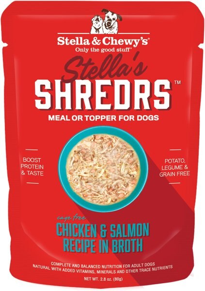 Stella and Chewy's Stella’s Shredrs Cage Free Chicken and Salmon Recipe in Broth Adult Wet Dog Food， 2.8-oz pouch， case of 24