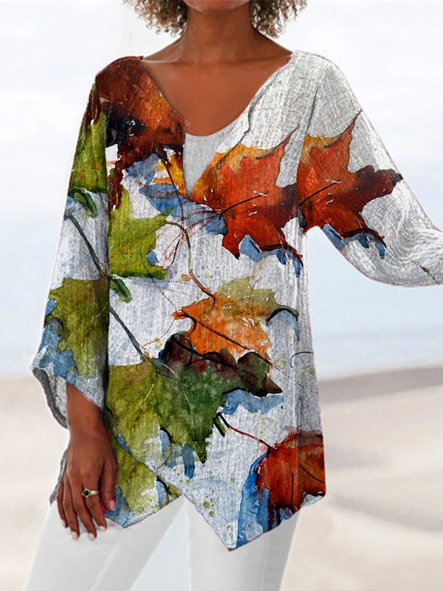 V-neck Casual Loose Maple Leaf Print Long Sleeve Blouse