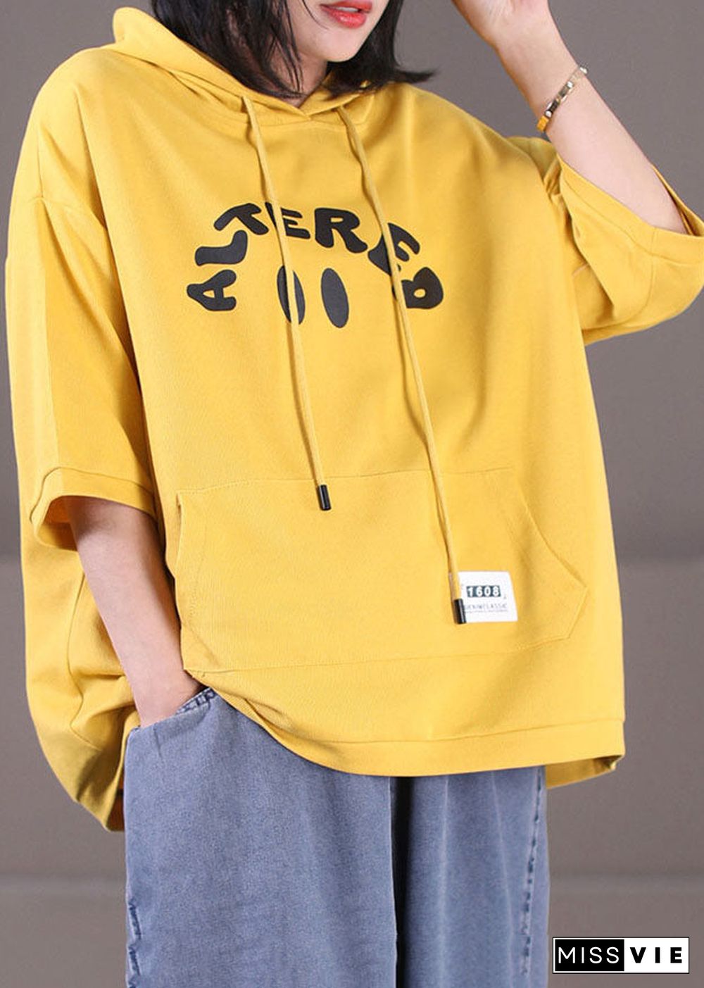 Diy Yellow Drawstring Hooded Letter Print Cotton Loose Sweatshirt Top Long Sleeve