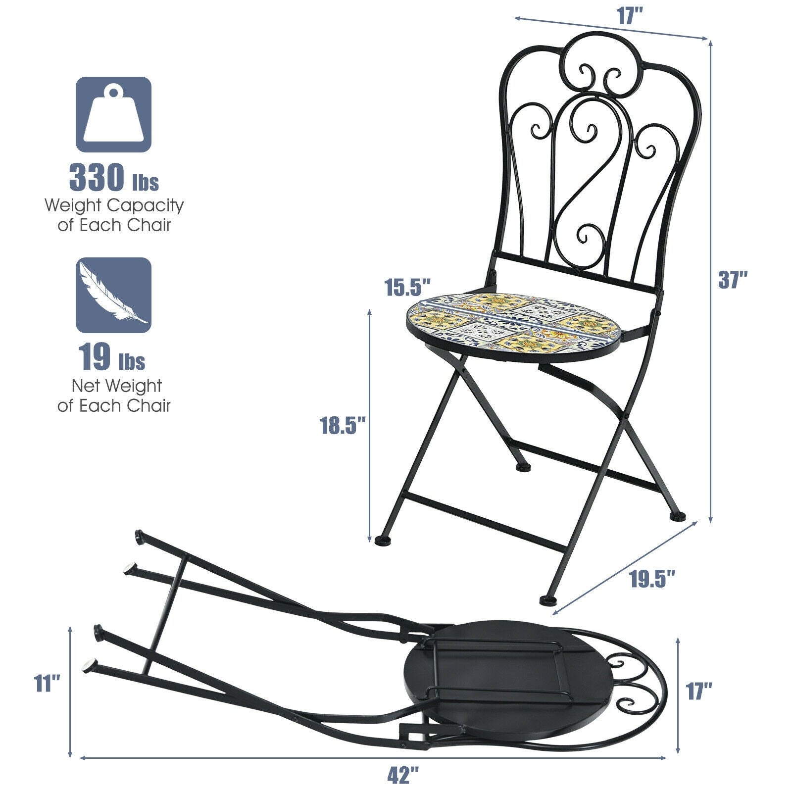 2 Pieces Mosaic Folding Bistro Chairs with Ceramic Tiles Seat - Overstock - 37532293