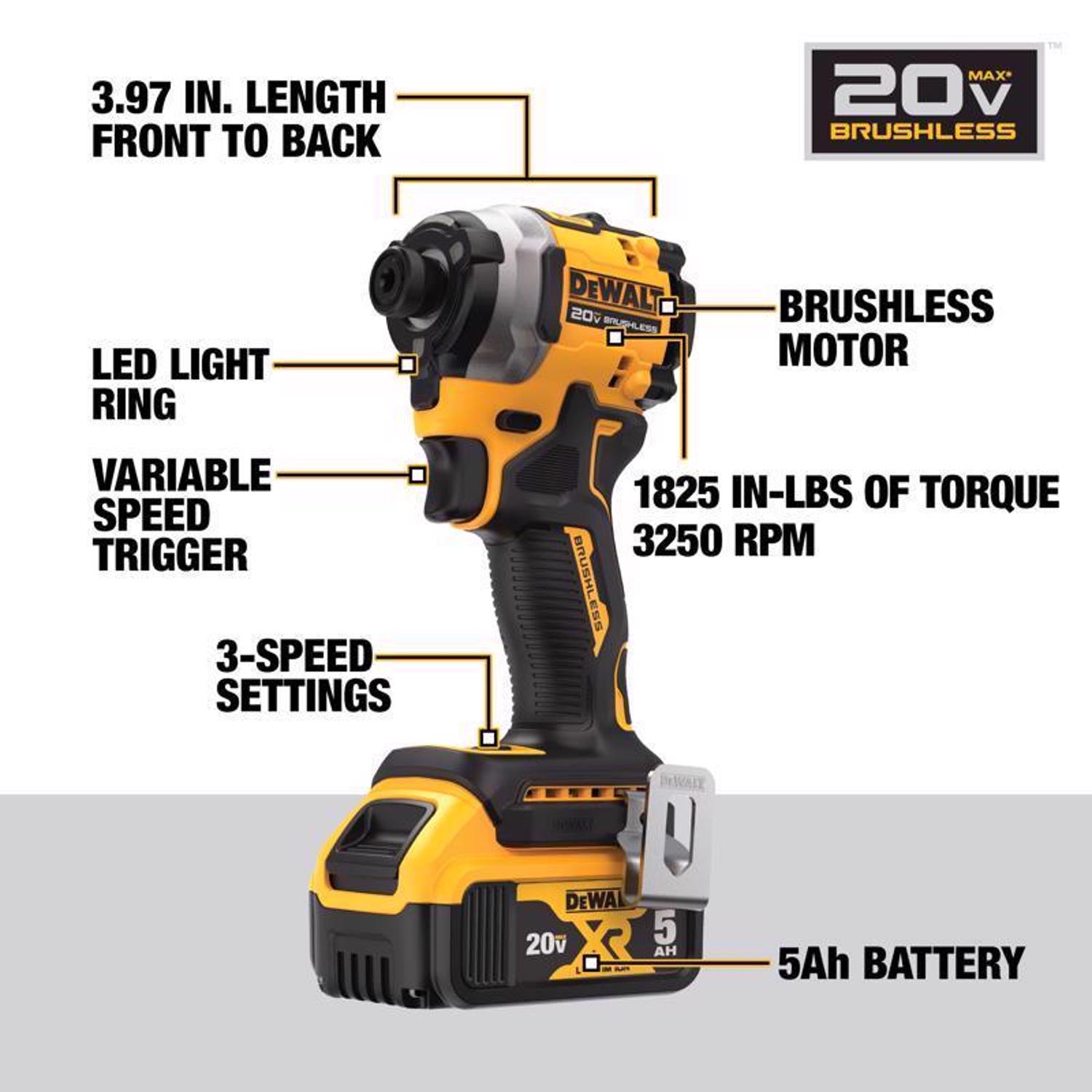 DW 20V MAX ATOMIC 1/4 in. Cordless Brushless 3-Speed Impact Driver Kit (Battery)