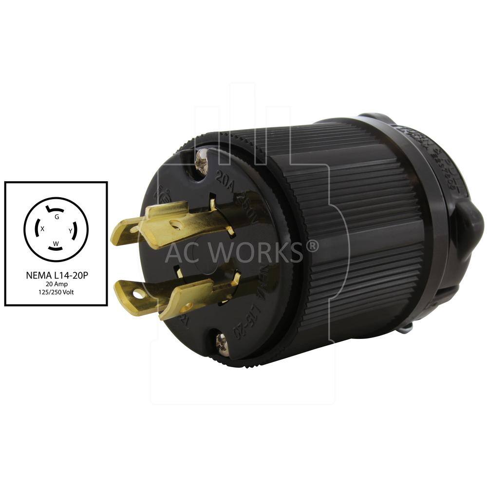 AC WORKS NEMA 3-Phase 20 Amp 250-Volt 4-Prong Locking Male Plug With UL C-UL Approval ASL1520P-BK