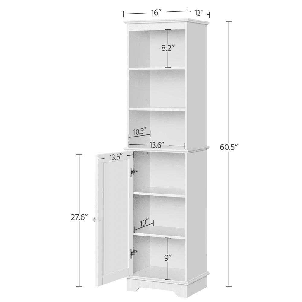 Yaheetech Tall Bathroom Floor Cabinet with Single Door and Shelves,White