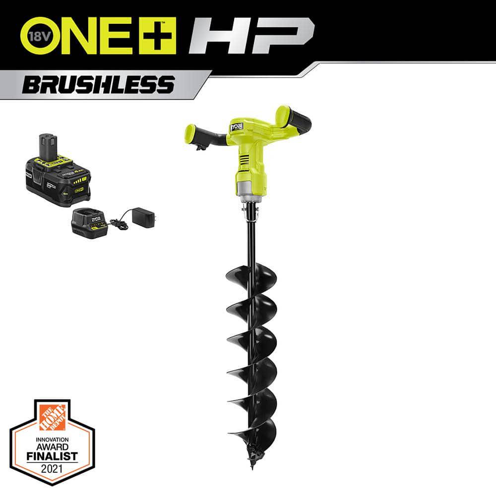 RYOBI ONE HP 18V Brushless Cordless Earth Auger with 6 in Bit with 40 Ah Battery and Charger