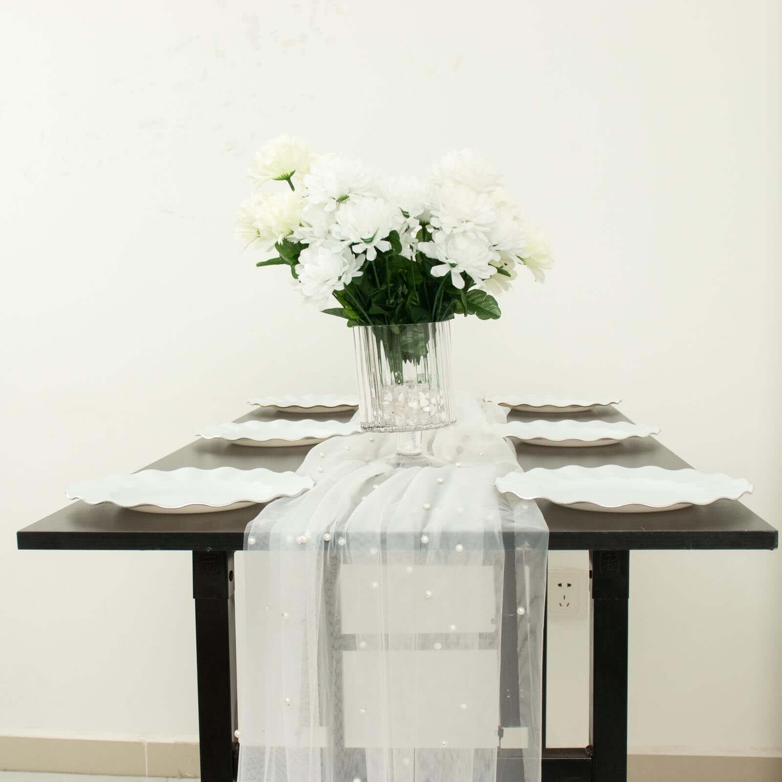 White Pearl Embellished Sheer Tulle Table Runner, Elegant Formal Table Linen 48