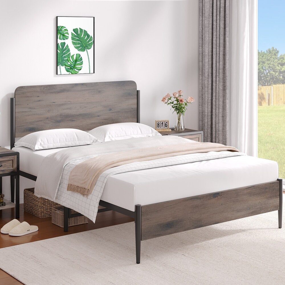 Grey Metal Platform Bed Frame with Rustic Wood Headboard Strong Metal Slats