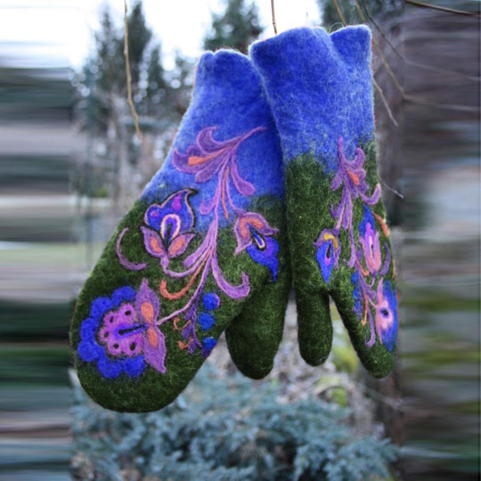 Women's Colorful Embroidered Gloves Winter Christmas Mittens Warm Gloves