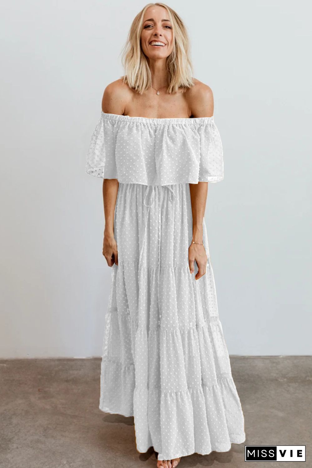 White Off Shoulder Ruffle Swiss Dot Maxi Dress