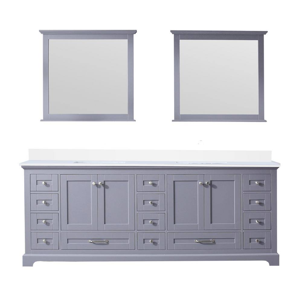 Lexora Dukes 84 in. W x 22 in. D Dark Grey Double Bath Vanity White Quartz Top and 34 in. Mirrors LD342284DBWQM34