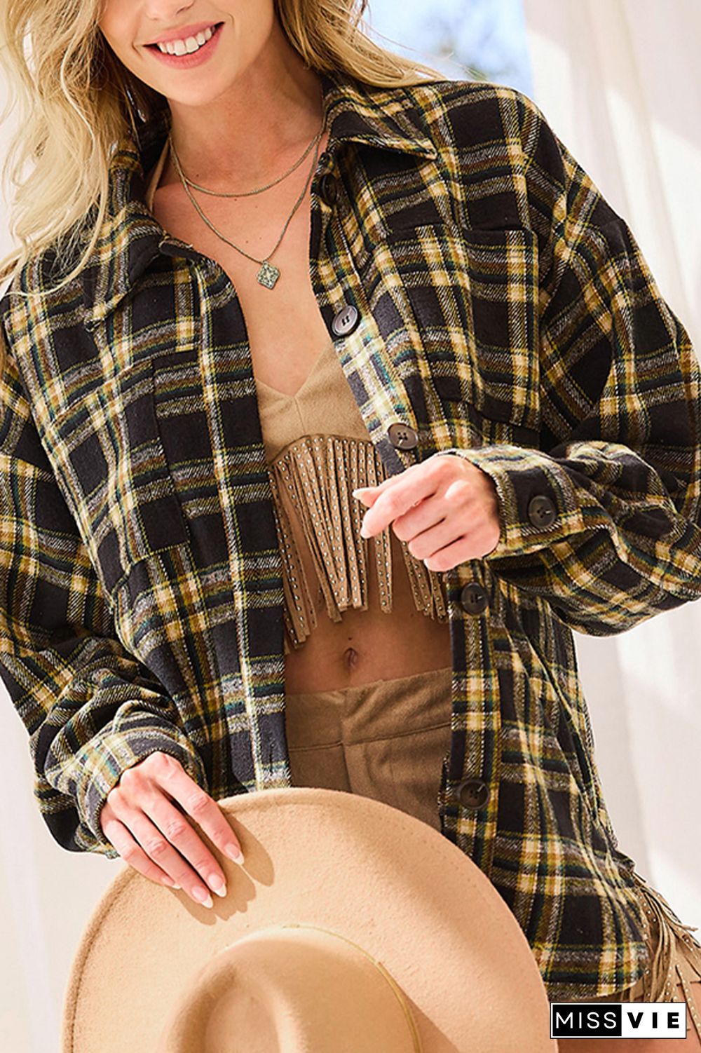 Rhinestone and Tassel At Back Yellow Plaid Open Button Jackets