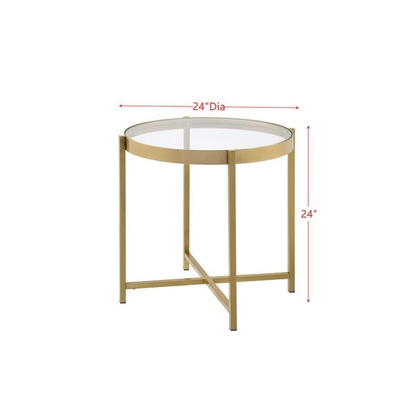 Glass Top Round End Table， Gold Finish