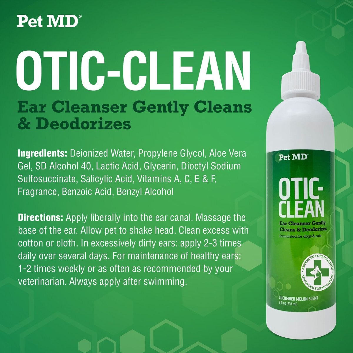 Pet MD Otic Clean Cucumber Melon Scent Dog and Cat Ear Cleanser， 8-oz bottle