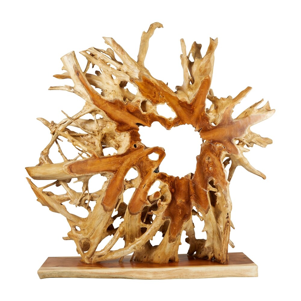 Brown Teak Wood Handmade Large Oversized Tree Root Floor Abstract Sculpture with Live Edge Teak Base