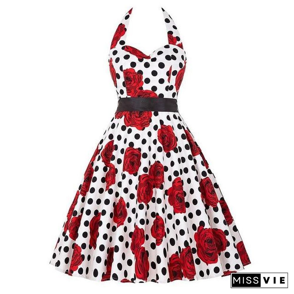 Sexy Halter Party Dress Retro Polka Dot Vintage Dresses Elegant Midi Dress