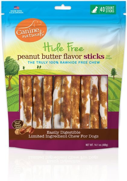 Canine Naturals Hide Free 5-inch Peanut Butter Flavor Stick Dog Chew， 40 count