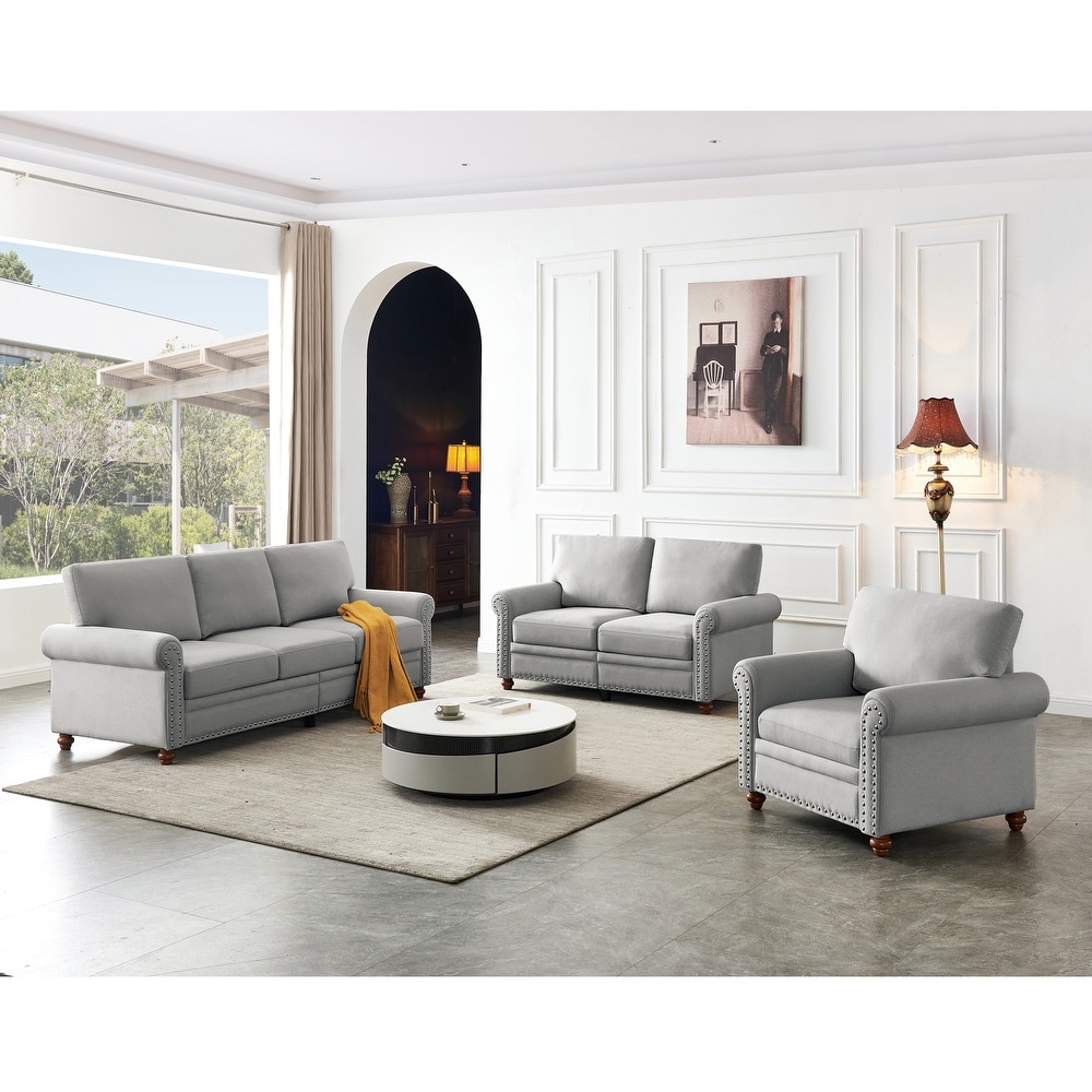 3pc Sectional Sofa Set  Loveseat   3 seat Sofa w/ Storage  Linen Upholstery Single Chair w/ Nailheads   Removable Cushion  Grey