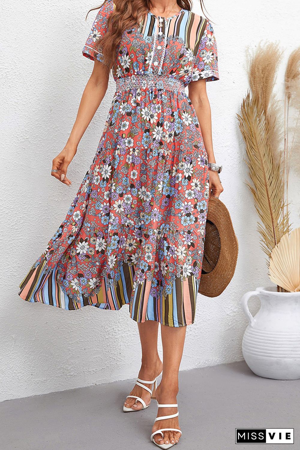 Flower And Stripes Printinig Patchwork Bohemia Dress