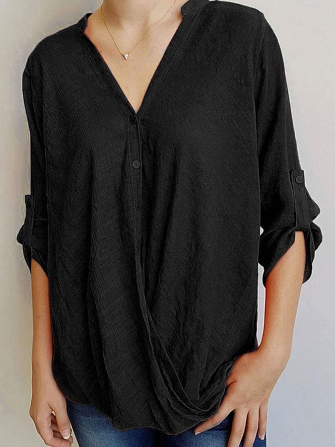 Solid Color V-Neck Blouse